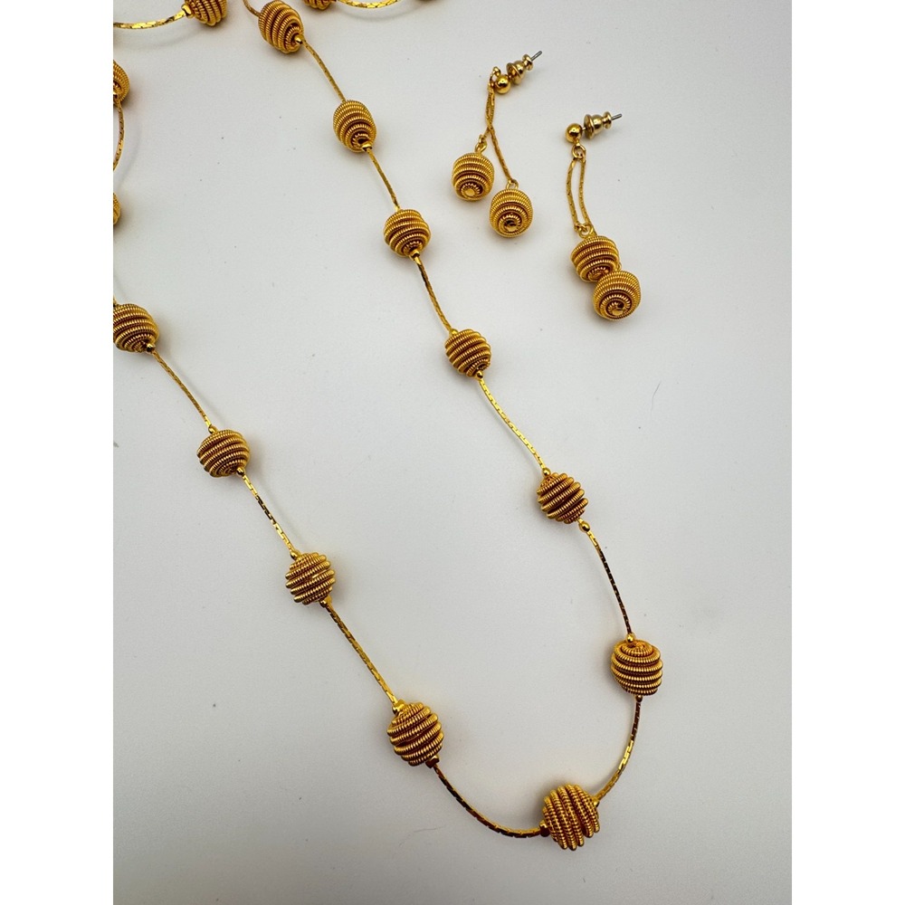 Vintage Wire Bead Necklace and Earrings Set Gold Tone 32 in Spiral Wrapped
